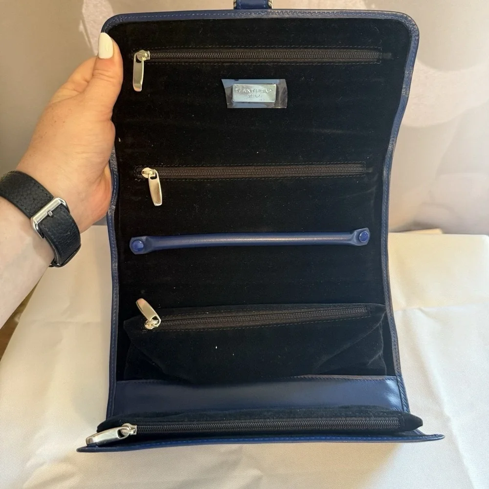 T.Anthony Italy Blue Leather Jewelry Roll Holder Case JLT Monogram $265 Travel